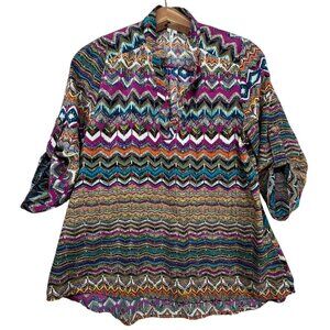 Moa USA Womens Top Sz L Tunic Modern Artsy Colorful Chevron Roll-Tab Slv Flowy